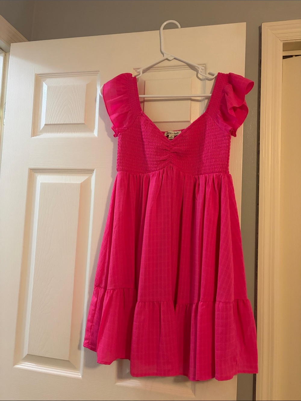Bright Pink Ruffle Sleeve Casual Dress with Smocked Bodice
